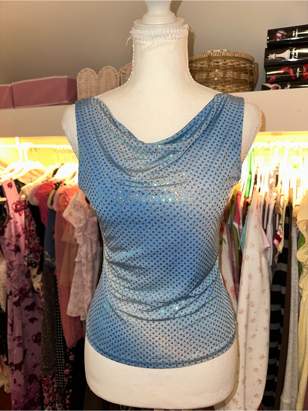 Vintage Forever 21 Blue Sleeveless Shimmery Draped Neck Women's Top